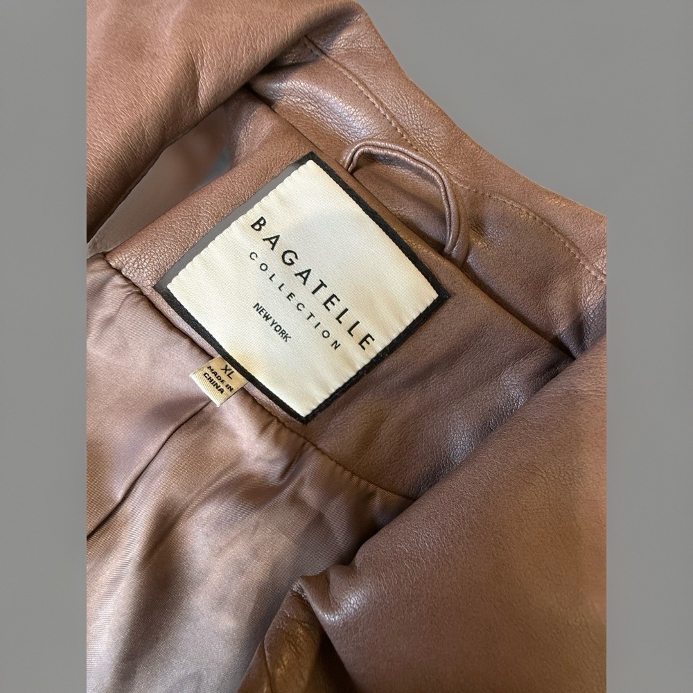 NWOT Bagatelle Brown Faux Leather Long Moto Jacket Zip Pockets Women's Size XL - Picture 11 of 13